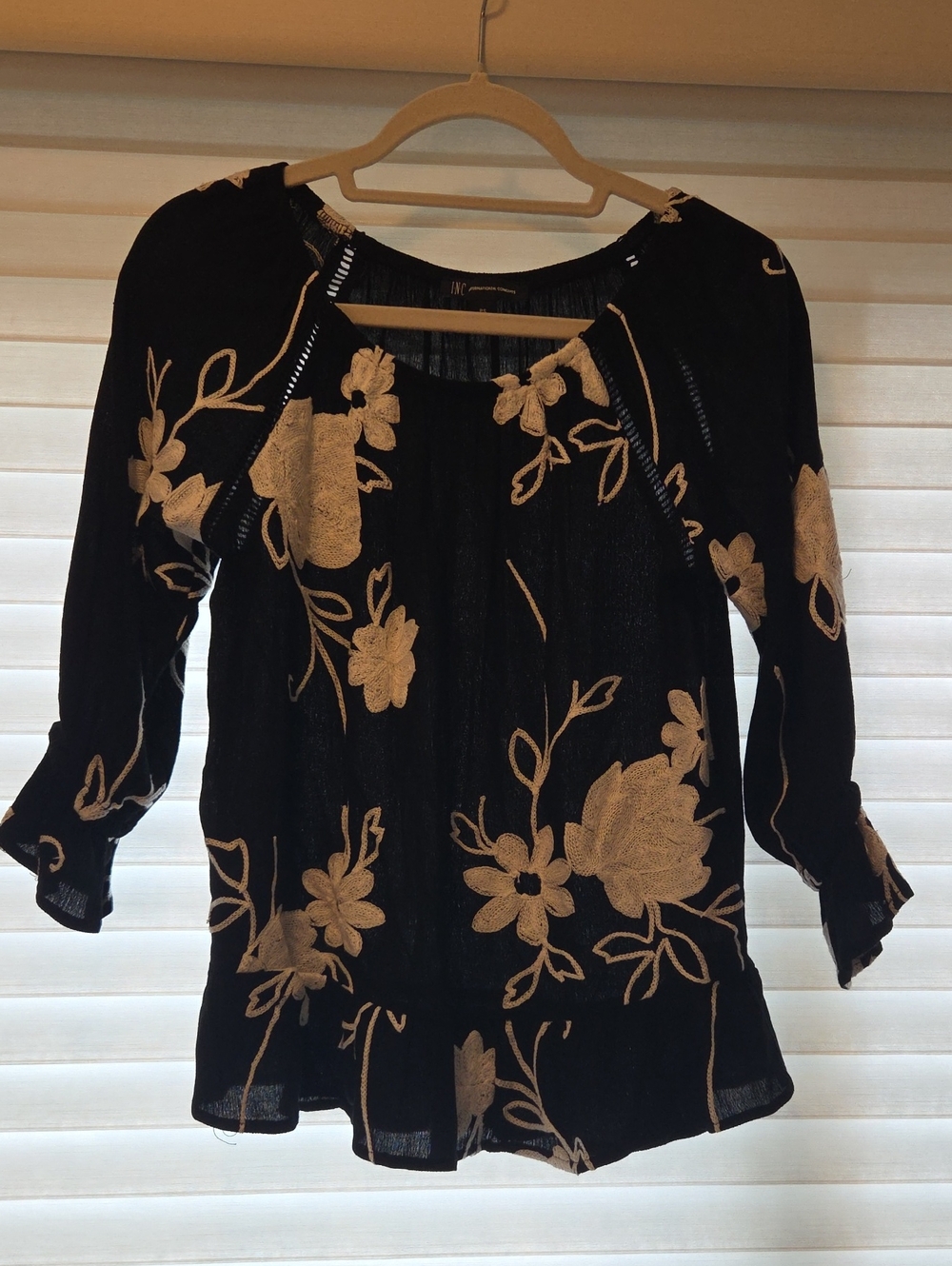 INC International Concepts Black Tunic with Cream Floral Embroidery